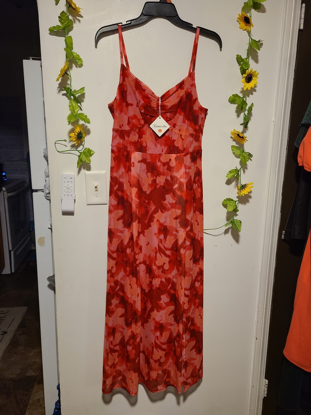 Nwt Caracilia Medium Floral Mesh Overlay Spaghetti Strap Maxi Dress